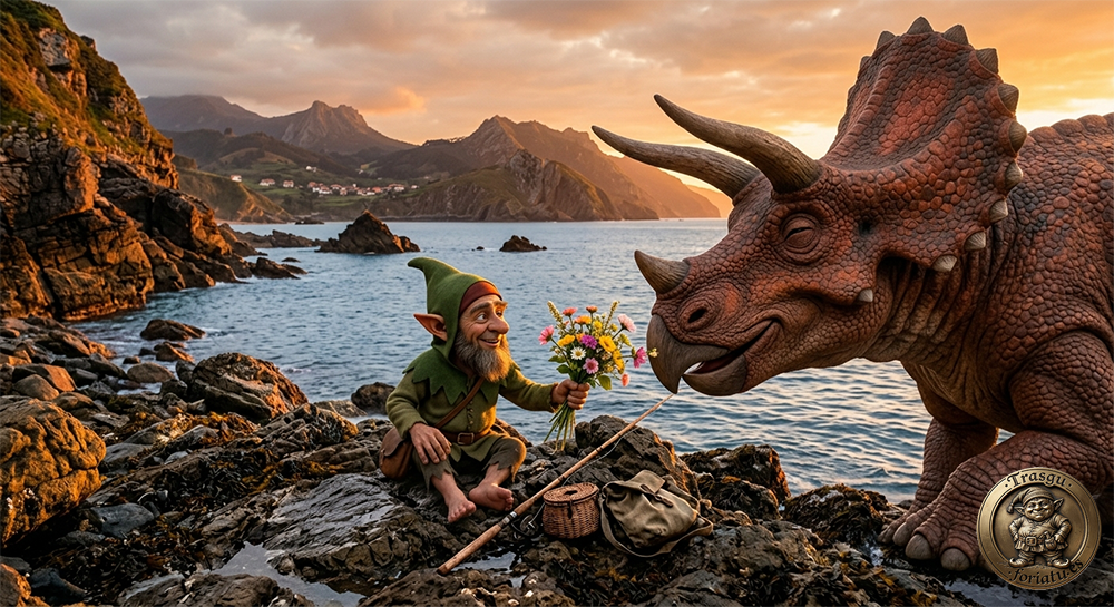 Trasgu asturiano dando de comer a un dinosaurio